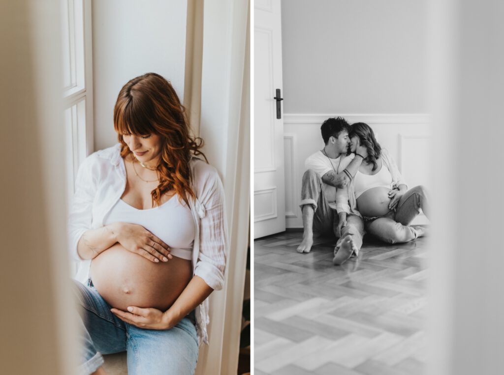 Frau sitzt am Fenster mit Babybauch