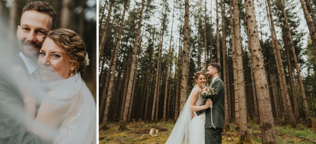 Besondere Paarfotos vom Brautpaar im Wald kurz vor der kirchlichen Trauung
